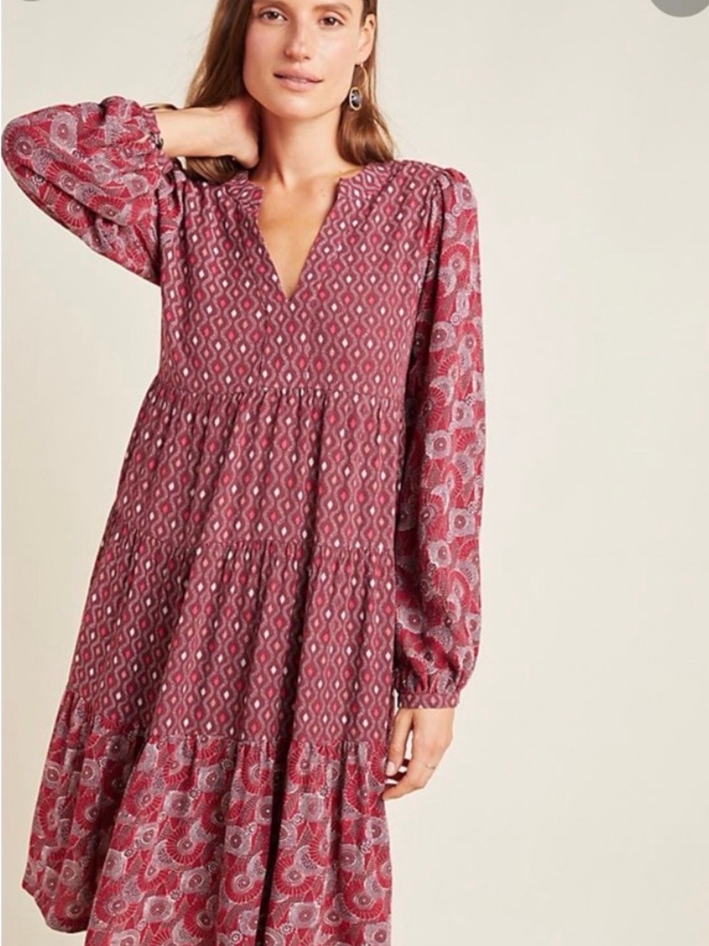 Maeve by Anthropologie Amber Burgundy Long Sleeve Mini Dress